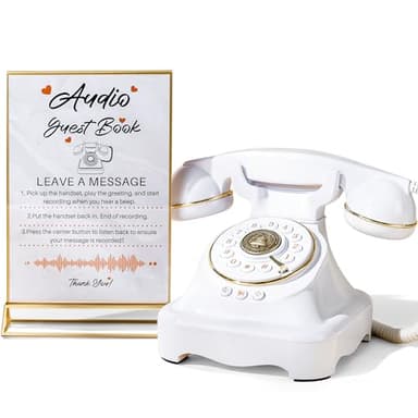 FiayaCom Audio Guest Book Wedding Phone with One-Touch Playback & Adjustable Volume for Wedding, Anniversary, Birthday Parties, Tattle Phone for Classroom(Large White+Sign)