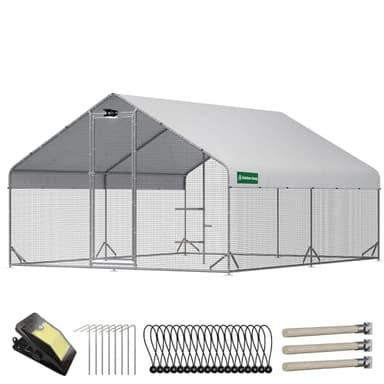 Large Chicken Coop with Chicken Run & Hardware Cloth, Solar Light, Waterproof & UV-Resistant Cover, Outdoor Poultry Cage for Farm Use,2 Room