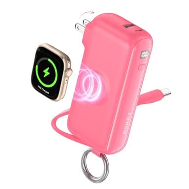 RORRY Flow Portable Charger, 10000mAh 40W Fast Charging Power Bank with Built-in USB C Cable and Foldable Wall Plug, Battery Pack Travel Essentials for iPhone 17/16/15, Apple Watch, iPad, MacBook