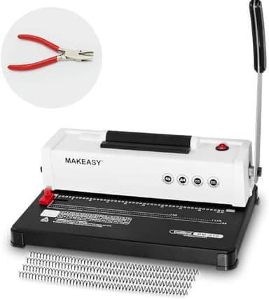 MAKEASY Spiral Binding Machine, 4:1 Pitch, 12 Sheets Punch Capacity, Electric Coil Insert, Book Binder Machine for A4/A5/Letter Size Paper, Come with 1 Box pcs 5/16'' Coils & Pliers