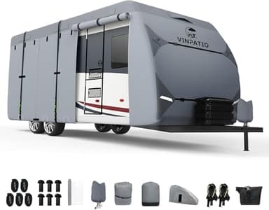 VINPATIO RV Cover, 7 Layers Heavy Duty RV & Trailer Cover, Toy Hauler Cover Fits 14'-16' Travel Trailer, Camper Cover with Tongue Jack Cover, Extra Windproof Straps, Gutter Covers