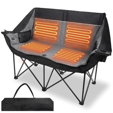 REDCAMP Heated Double Camping Chair, Heavy Duty Camping Loveseat with 3 Heat Levels, Oversized Camping Couch Support 660lbs for Outdoor Camping Backpacking, Patio Lawn（Battery Not Included）