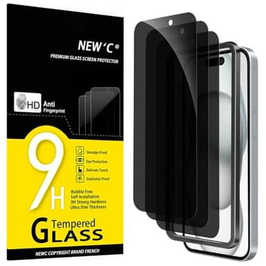 NEW'C 3 Pack Privacy for iPhone 16, iPhone 15 Screen Protector (6.1 inches), Anti-Spy Tempered Glass Film,Enhanced 28-Degree Privacy Angle with easy installation tool included