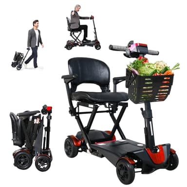 Automatic Folding Travel Mobility Scooter - Lightweight Electric Foldable Travel Scooter for Adults 4-Wheel Automatic Mobility Scooter，MAX 300 lbs Weight Capacity - 21 Miles Per Charge，Red