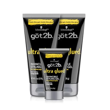 got2b Ultra Glued Invincible Styling Gel Set, 6 Fl Oz (2-Tube) + 1.25 Fl Oz Travel Size, Hair Gel for Men and Women with Extra Strong Hold, Non-Sticky, No-Flake Formula for Vertical Styles