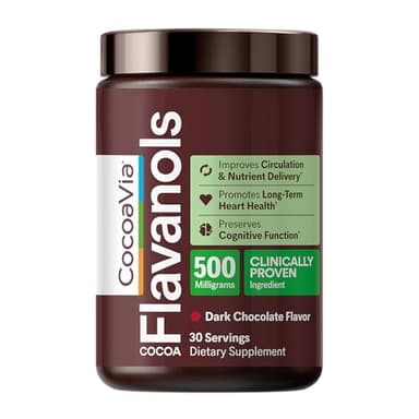 CocoaVia Cocoa Flavanols 500mg – Heart and Brain Support, High Flavanol Cocoa Extract, Boosts Nitric Oxide, Blood Circulation and Memory, Preworkout, Vegan, Gluten-Free, Dark Chocolate, 30-Day