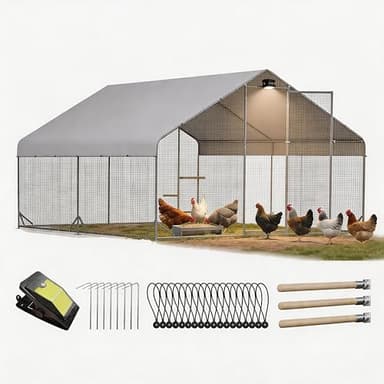 Belinova Heavy Duty Metal Chicken Coop with Hardware Cloth, Walk-in Poultry Cage with Solar Light, Waterproof Anti-UV Cover, Large Outdoor Chicken Run for Hen Duck Rabbit