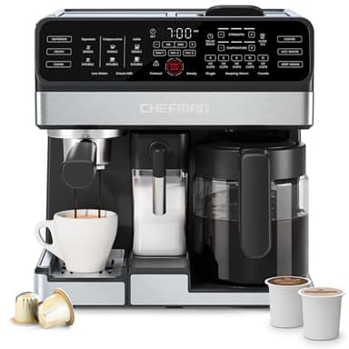 Chefman Coffee Maker Espresso Machine Combo, OmniBrew 8-in-1 Coffee Station with Automatic Milk Frother for Lattes, Cappuccinos, Macchiatos, 12-Cup Carafe and 3L Removable Water Tank - Black