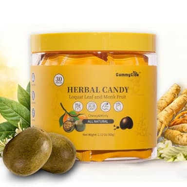 Gummy Glow All-Natural Herbal Hard Candy with Loquat & Monk Fruit, Supports Throat Comfort & Fresh Breath, Sugar-Free Cooling & Chewy Candy for Speakers, Candy Lovers, On-the-Go, 60g (30 Pcs) (Loquat & Monk Fruit)