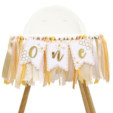 Bee One High Chair Banner Yellow - Bee for 1st Birthday Highchair Banner, Beehive Theme Birthday Party Supplies, Sweet One Party Decorations, Daisy First Photo Props (Beehive Garland Yellow)