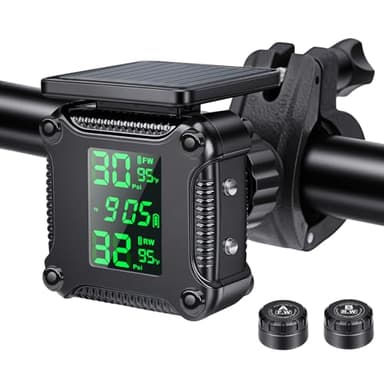 LNKERCO Motorcycle Tire Pressure Monitoring Alarm System with Solar Charge, Motorcycle TPMS with 2 External Sensors, LCD Digital Display, USB Charging, Motorbike Tyre Temperature Alarm