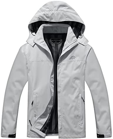 OTU Men's Lightweight Waterproof Hooded Rain Jacket Outdoor Raincoat Shell Jacket for Hiking Travel Light Grey S