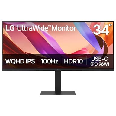 LG 34U650A-B 34-inch UltraWide WQHD (3440 x 1440) IPS Curved Wide Computer Monitor, 100Hz, HDR10, Built-in Speaker, HDMI, DisplayPort, USB Type-C PD 96W, Tilt/Height/Swivel Adjustable Stand, Black