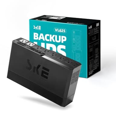 SKE VL625 625VA/360W UPS Battery Backup and Surge Protector - Uninterruptible Power Supply with AVR, 7 Outlets, USB and Type-C Charging, RJ45 Port for Computer, Router, Modem, and Home Office Devices