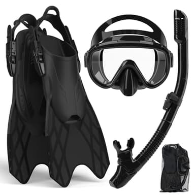 Bairuifu 4 in 1 Snorkeling Gear for Adults - Genuine Advanced Anti-Fog Panoramic Mask, Dry Top Snorkel, Fins & Travel Bag for Snorkeling, Swimming and Travel