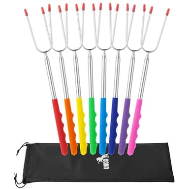 UNCO- Extra Long Marshmallow Roasting Sticks, 8 pcs, 45", Colorful Rubber Handles, Extendable Stainless Steel Marshmallow Roasting Sticks with Canvas Storage Bag, Skewers for Smores Skewers