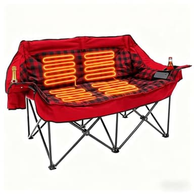 Heated Double Camping Chair, Padded Camping Couch with 3 Heat Levels and 4 Heating Zones, Oversized Camp Loveseat Support 800lbs for Soccer Games, Tailgating, RV Travel, Beach Days（Not Battery）