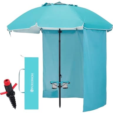 HOMEDEMO 7FT Beach Umbrella with Curtain, Beach Umbrella for Sand with Large Spiral Sand Anchor & Carry Bag, Heavy Duty Windproof Outdoor Umbrellas, UPF 50+ Protection, Parasol, Türkiye Blue