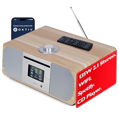 Lemega M5P Upgrade Internet Radio with CD Player, Powerful 2.1 Stereo System,Spotify HiFi, Bluetooth, FM Radio, Acoustic Wood Cabinet,50 Presets, Headphone Jack,OKTIV APP Control - White Oak