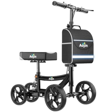 Aojin Knee Scooter for Adults for FootInjuries, 300lbs Capacity, All Terrain Foldable Knee Scooter Walker with Bag, 13" Wide Pu Seat, Compact Crutches Alternative (Black)