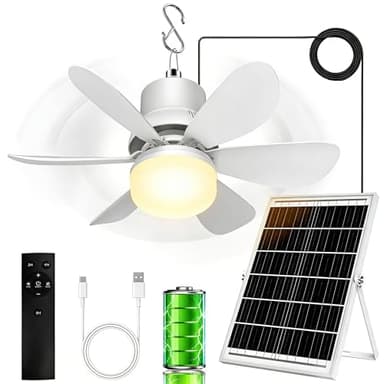 Solar Fan for Gazebo with Light, 18000mAh Rechargeable Solar Powered Patio Ceiling Fan with Remote, 17.5'' Portable Outdoor Hanging Fans for Pergola| Backyard| Camping| Tent| RV Canopy, IP54 Rated