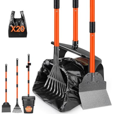 SlowTon Dog Pooper Scooper - 37.4" Long Metal Handle Adjustable Rake & Spade & Swivel Bin with 20 Waste Bags, Portable Pooper Scooper for Gravel Lawn Grass, Suit for Small Medium Large Dog