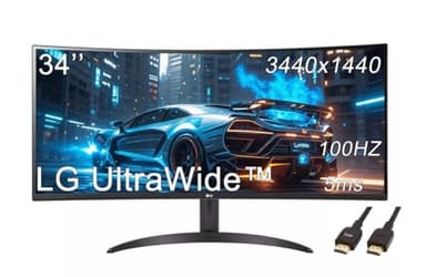 LG 34" Curved UltraWide Monitor, WQHD (3440 x 1440), 100Hz, HDR 10, sRGB 99%, AMD FreeSync, Split Screen with PbP, HDMI, DisplayPort, Tilt Adjustable, Black, with 5ave HDMI Cable