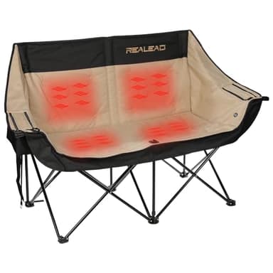 REALEAD Heated Double Camping Chair - Heated Loveseat Camping Chairs for Adults with 3 Heat Levels and 4 Heating Zones - Oversized Heated Chairs Outdoor Sports Supports 650 lbs Battery NOT Included