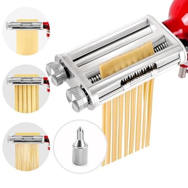 Pasta Maker Attachment for KitchenAid Stand Mixers, 3-in-1 Stainless Steel Pasta Roller & Cutter Set with Spaghetti and Fettuccine Blades, Includes 1 Metal Knob Screw Replacement