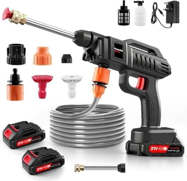 Teodute Cordless Pressure Washer, 1500W 21V Portable Power Washer, Rechargeable Battery Pressure Washer with 5M Hose & 3 Nozzles, Electric Pressure Washers Gun for Car Patio Garden Cleaning Watering