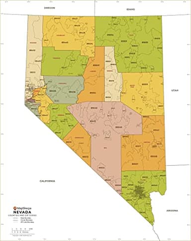 Nevada ZIP Code Map with Counties - Standard - 36" x 45.5" Laminated