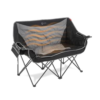 ARROWHEAD OUTDOOR 57" Wide Duo Foldable Heated Camping Loveseat Chair with 3-Stage Heating, Large Cup Holders, Glass Holders, Side Pockets, and Storage Pouches - Black and Grey