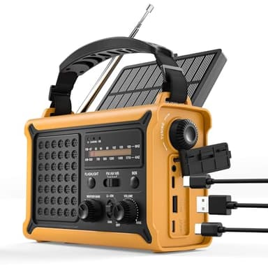 Emergency Weather Radio – Hand Crank Solar, 12000mAh Power Bank, 8500mm² Solar Panel, NOAA AM/FM Alert, Ultra-Clear Sound with 57MM Speaker, 5W Flashlight, SOS for Camping, Hurricanes & Power Outages