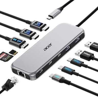 Acer Laptop Docking Station 3 Monitors, 11-in-1 USB C Docking Station with 8K DP, HDMI 4K@60Hz, 10Gbps Data, 1 Gbps Ethernet Hub, 100W Power Delivery, SD/TF, USB C Hub Multiport Adapter for Laptop