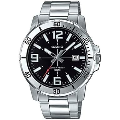 Casio MTP-VD01D-1BV Men's Enticer Stainless Steel Black Dial Casual Analog Sporty Watch, Silver, 48×42×10.7mm, Quartz Movement