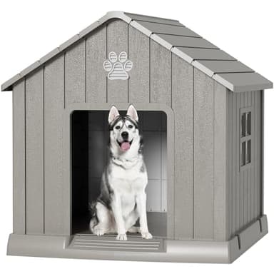 Fancyango Dog House Outdoor Indoor - Waterproof, Ventilated, Easy to Clean, Elevated Floor for Small-Large Dogs, Easy to Assemble (Grey, 37.2" L x 40" W x 40" H)
