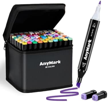 AnyMark Alcohol Markers, 80 Colors Dual Tip Art Coloring Markers Set for Adult Book Drawing Sketching Painting, Chisel & Fine, Black Penholder
