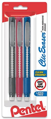 Pentel Clic Retractable Eraser with Grip, Assorted Barrel Colors (ZE21BP3M) (Pack of 3)