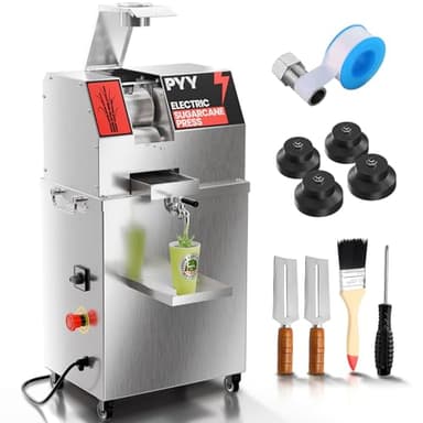 PYY Commercial Sugar Cane Juicer Machine - Electric 3-Roller Sugarcane Juice Press Stainless Steel Extractor, Sugarcane Machine with Cleaning Brush, 2 Peelers,Straws and Cups, 800W 110V 26Inch