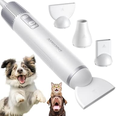 Dog Dryer Handheld Pet Hair Dryer, 3HP High-Velocity Blower with 3 Speeds & 4 Temps Lightweight, Quiet Design. Portable Blow for Travel & Home Grooming. Includes 3 Nozzles (White)