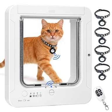 Smart Cat Door with 4 Collar Sensor Key, RFID Cat Door Collar Activated with Remote Control, 4 Way Locking Cat Flap Automatic Pet Door Interior & Exterior(White)