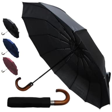 COLLAR AND CUFFS LONDON Rare 12 RIB Compact Windproof Umbrella for Rain - 50MPH - Best for Auto Open Close - Strong Frame with Fiberglass - Vented Canopy - Wooden Hook Handle - Travel Backpack Black
