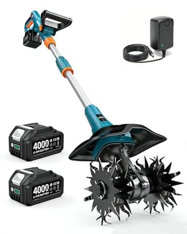 Seesii Cordless Tiller Cultivator, 20V Electric Tiller for Gardening with 2 x4.0Ah Batteries, 9" Tilling Width 6.6" Depth, Lightweight Adjustable Handle Rototiller for Lawn, Weeding & Soil Cultivation