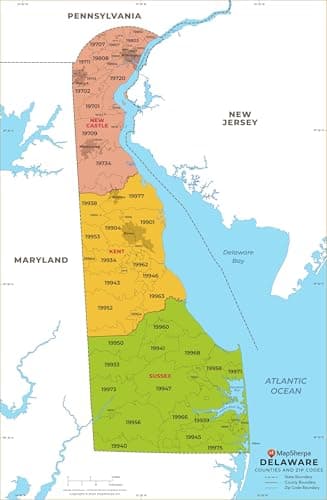 Delaware ZIP Code Map with Counties - Standard - 55.25 x 36 inch Poster - Front Lamination