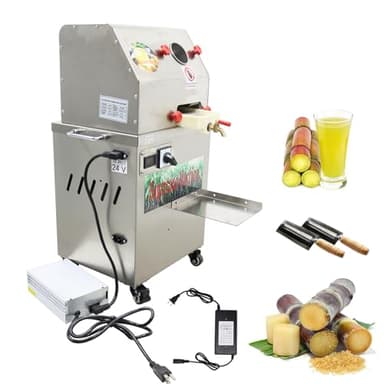 EQCOTWEA 110V AC/24V DC Dual Power Sugarcane Juicer Machine 3-Roller Vertical Electric Sugar Cane Press with Transformer Commercial Stainless Steel Juice Extractor for Sugarcane Juice Shop Bar Home
