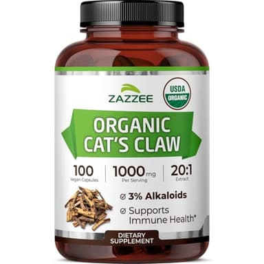Zazzee USDA Organic Cat’s Claw 20:1 Extract, 1000 mg per Serving, 3% Alkaloids, 100 Vegan Capsules, Uncaria Tomentosa, Immune, Joint & Antioxidant Support, All-Natural, Non-GMO, Made in the USA