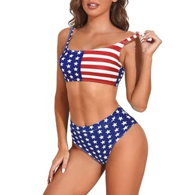 Zando Womens Sporty High Waisted American Flag Swimsuits 2025 Patriotic Bikini Two Piece 4th of July Swimsuit Women Red White and Blue Bathing Suit Women American Flag Bikini 6-8