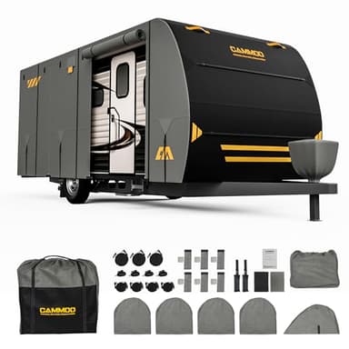 CAMMOO RV Cover for 30-33ft Travel Trailer 9 Layer 180g Heavy Duty Snowproof Waterproof Windproof UV- Resistant All Weather Protection with Full Kit Includes Tire Covers Tongue Jack Cover Storage Bag