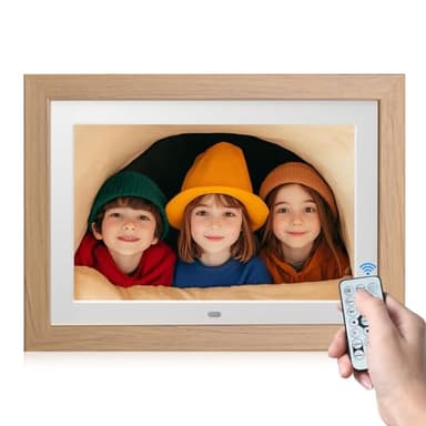 10" Digital Picture Frame with Remote Control, 1280 * 800 IPS Full View Ultra Clear Screen, Removable Wooden Frame, Share Videos Photos Send Wishes Auto-Rotate Slideshow Non-WiFi