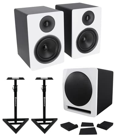 Rockville 2 APM6W 6.5" Powered Studio Monitors+Active 10" Subwoofer+Stands+Pads